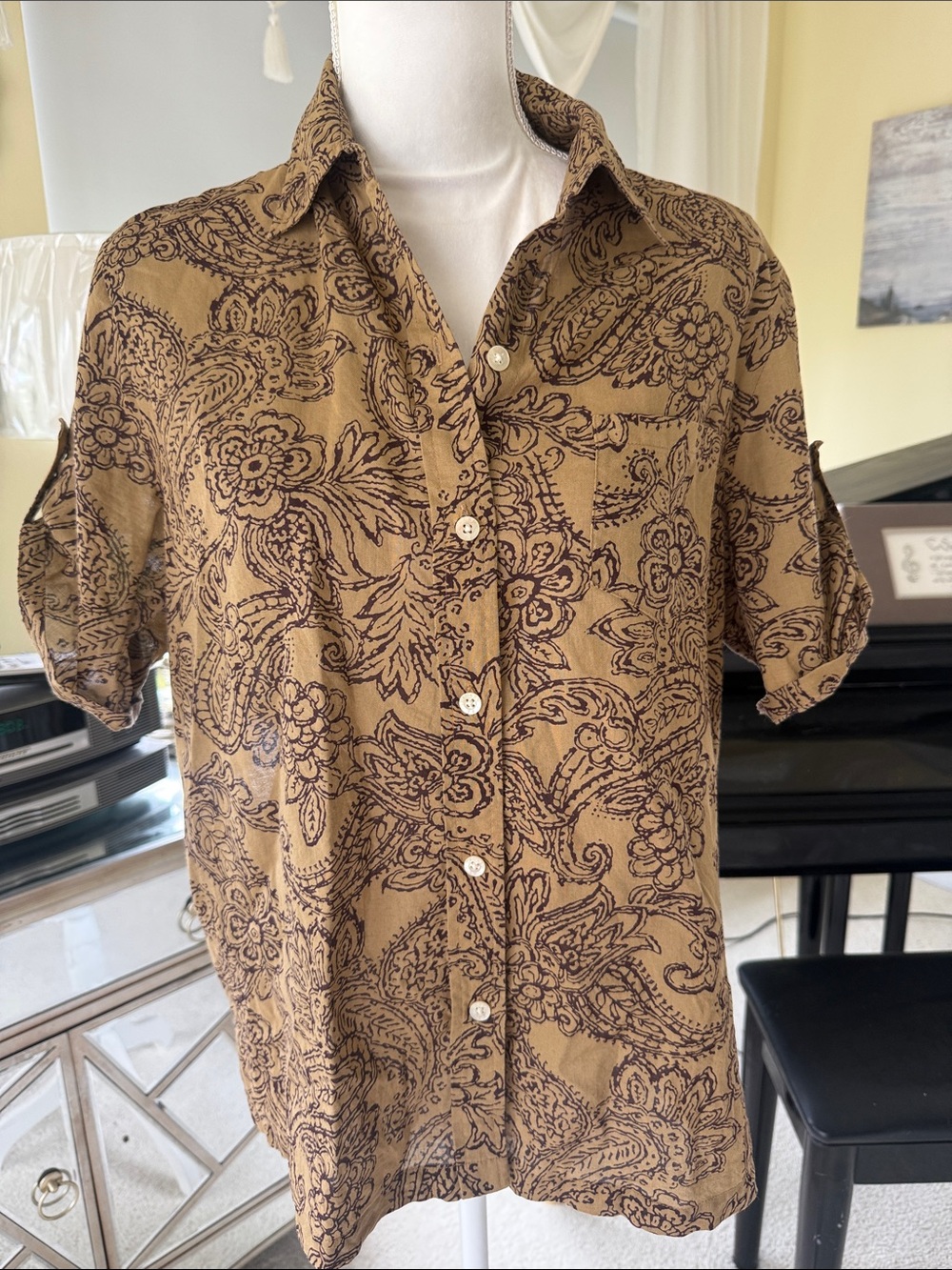 Lauren Ralph Lauren Cotton multi print brown black scroll button front shirt